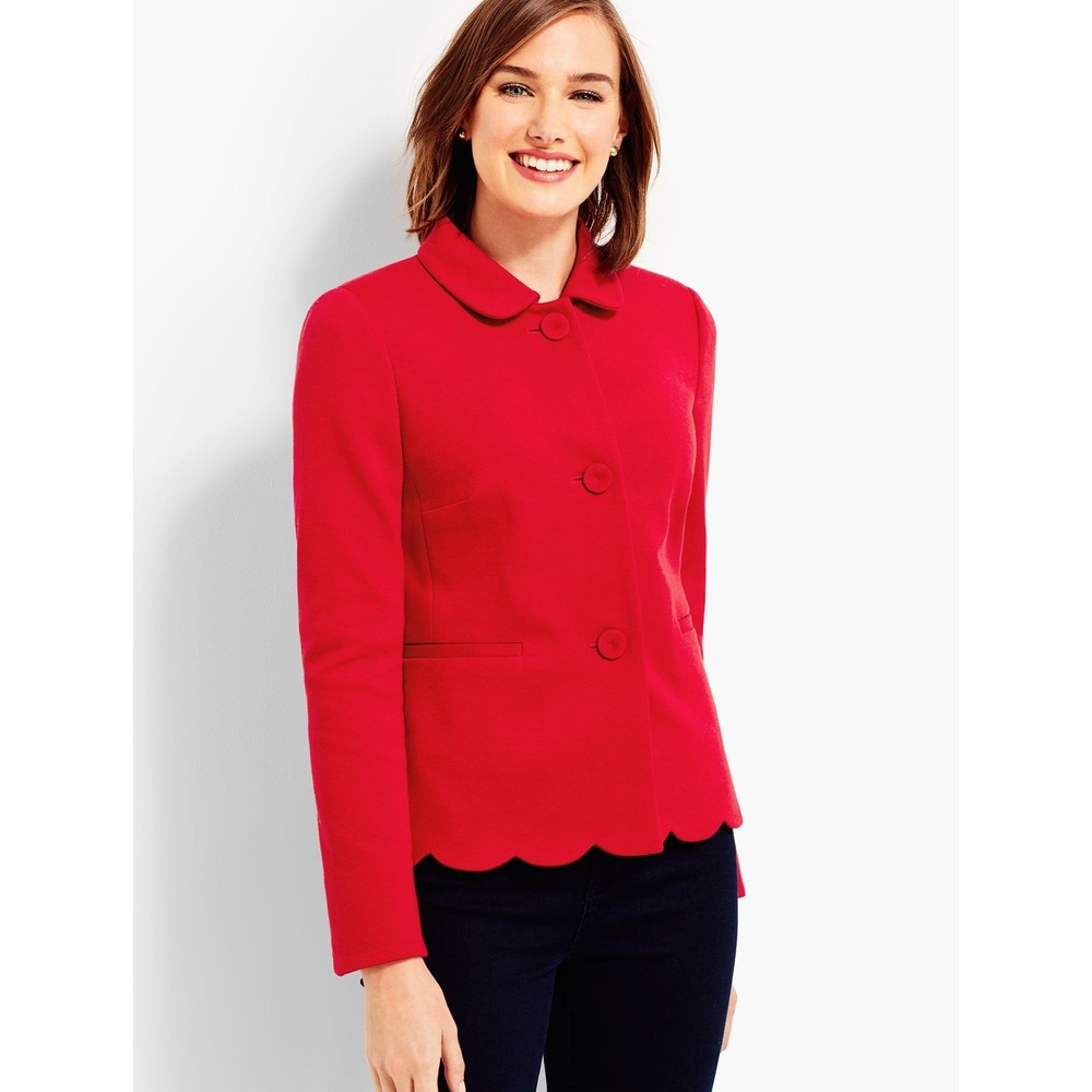 Talbots Women Festive Career Peter Pan Collar Blazer Jacket 10 Red Scalloped Hem